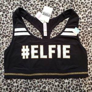 VS PINK Black #ELFIE Pink Crop Sports Bra Bralette, Size L, NWT, X-mas Holiday!
